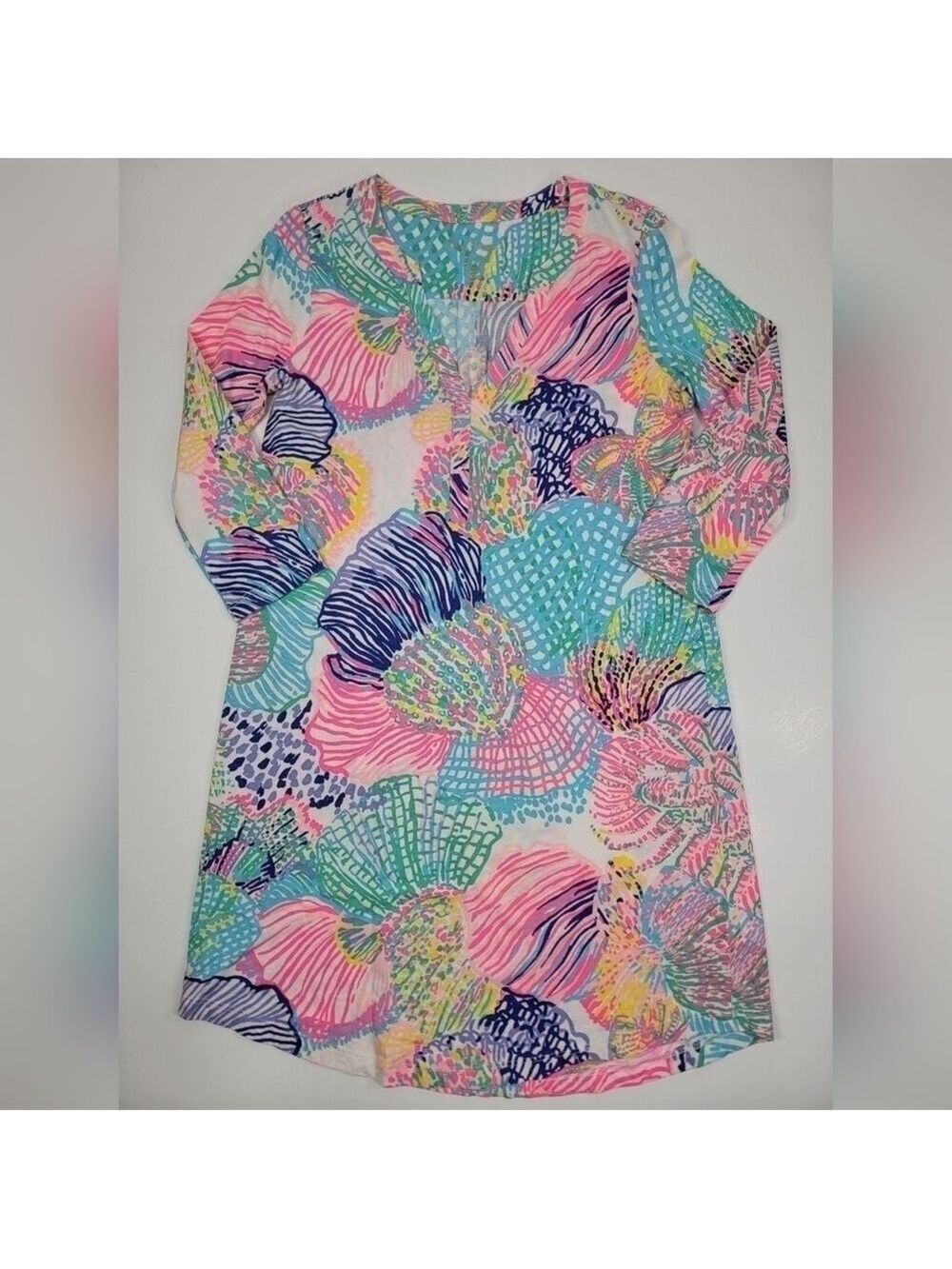 LILLY PULITZER Ali Dress Roar of the Sea Pima Cotton V Neck 3/4 Sleeve Womens XS